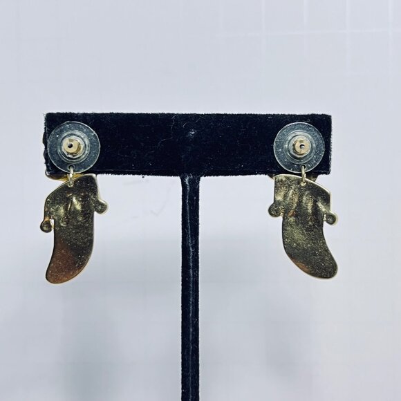 Vintage Santa In A Stocking Gold Tone Enamel Pierced Earrings (5632) - Picture 3 of 4